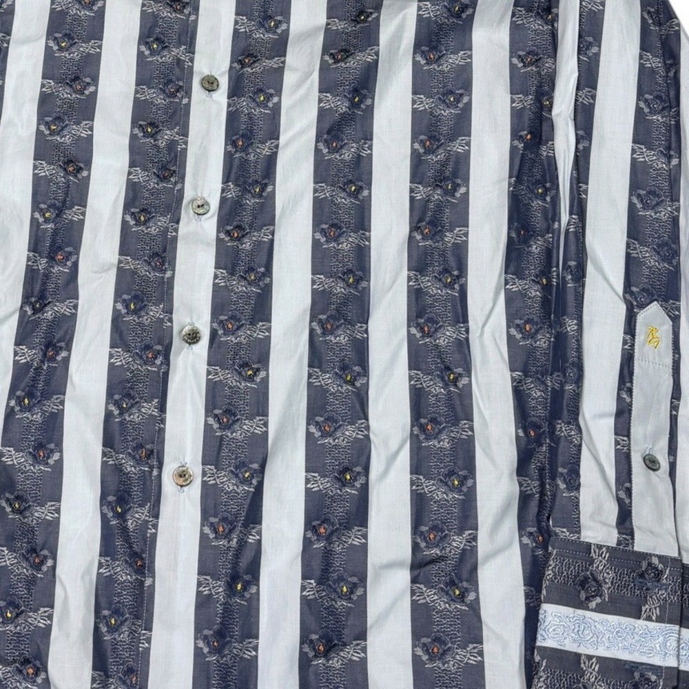 Robert Graham Mens Small Blue White Striped Floral Embroidered Silk Trim Shirt